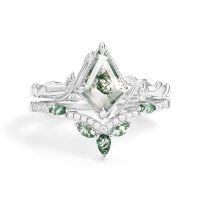 wholesale TOUPOP Personalized Moissanite Natural Moss Agate Wedding Ring Set For Women 925 Sterling Silver Moissanite Bridal Ring Set Engagement Ring Set Anniversary Natural Moss Agate Promise Rings For Her -style_name:D Moss Agate Moissanite Ring