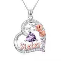 TOUPOP Sterling Silver Birthstone Heart Rose Necklace For Sister-style_name:02-February