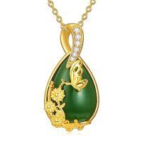 wholesale Green Jade Necklace Sterling Silver Teardrop Hummingbird/dragonfly/butterfly/bee/cat/cardinal/owl/fox/sloth Natural Jade Jewelry Birthday Christmas Gifts Women Mom Wife -style_name:Butterfly-Gold
