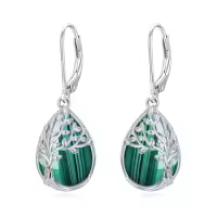 TOUPOP Sterling Silver Gemstone Celtic Tree of Life Teardrop Leverback Earrings-color_name:Malachite
