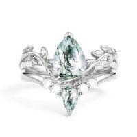 wholesale TOUPOP Natural Moss Agate Moissanite Wedding Ring Set For Women Pear Shaped Natural Moss Agate Ring Bridal Set 925 Sterling Silver 10k 14k 18k Solid Gold Engraved Egagement Anniversary Ring For Wife -style_name:D Moss Agate Moissanite Ring