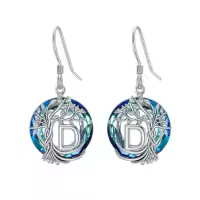 TOUPOP Sterling Silver Blue Crystal Tree Of Life Letter Drop Dangle Earrings-style_name:D Initial