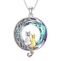 TOUPOP Sterling Silver Blue Crystal Cats On The Moon Pendant Necklace-color_name:2 Cats(Silver and Yellow Gold)-Purple Crystal-02-B