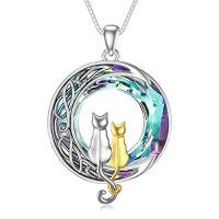 wholesale TOUPOP Christmas Cat Gifts For Cat Lovers One Two Three Four Cats Necklace Sterling Silver Cats On The Moon Pendant Necklace With Blue Circle Crystal Birthday Christmas Celtic Jewelry Gifts For Women -color_name:2 Cats(Silver and Yellow Gold)-Purple Crystal-02-B