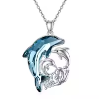 TOUPOP Sterling Silver Crystal Dolphin Necklace Christmas Birthday Gifts For Women-style_name:Dolphin Mother and 2 Sons or Daughters-Dolphins Necklace-Blue Crystal