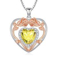wholesale 925 Sterling Silver Heart Rose Pendant Necklace With 12 Birthstone Jewelry Birthday Anniversary Mothers Day Christmas Gifts For Her Wife Girlfriend Mom -color_name:11-Nov-Citrine