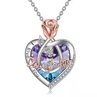TOUPOP Sterling Silver Crystal I Love You Rose Flower Heart Necklace-color_name:I Love You Daughter Necklace with Purple Heart Crystal-Rose flower