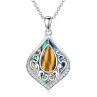 TOUPOP Sterling Silver Abalone Shell Teardrop Filigree Necklace Gift-color_name:Tiger Eye Stone