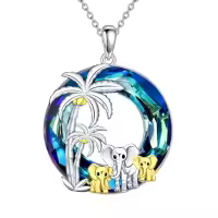 TOUPOP 925 Sterling Silver Crystal Elephant Family Pendant Necklace Gifts For Women-style_name:Three Elephants-Palm Trees