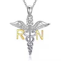 TOUPOP Sterling Silver Caduceus Angel Wing RN Necklace Jewelry Gift-style_name:Gold RN Necklace