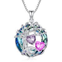 wholesale TOUPOP S925 Sterling Silver Family Celtic Tree Of Life Pendant Necklaces With 2 Heart Birthstone With Blue Austrian Crystal Jewelry Birthday Anniversary Christmas Gifts For Her Wife Girlfriend Mom (18k Real White Gold Filled) -color_name:02-10-Feb-Oct Birthstone