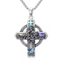 TOUPOP Sterling Silver Four Way Cross St Michael St Christopher St Benedict St Joseph St Francis Pendant Necklace-style_name:2-St Joseph-Cross-Abalone