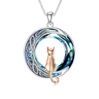 TOUPOP Sterling Silver Blue Crystal Cats On The Moon Pendant Necklace-color_name:1 Cat(Rose Gold)-Blue Circle Crystal-01-Moon-C