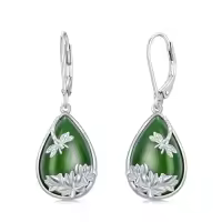 TOUPOP 14K Gold Plated Sterling Silver Round Natural Jade Earrings-style_name:D-Dragonfly-Green Jade-White Gold