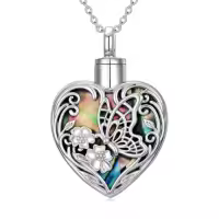 TOUPOP 925 Sterling Silver Heart Urn Necklace For Ashes Memorial Keepsake-style_name:B-Butterfly-Abalone Shell