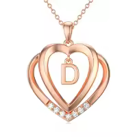 TOUPOP 925 Sterling Silver Moissanite Heart Letter Pendant Necklace-style_name:Rose Gold - D Inital