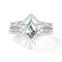 wholesale TOUPOP 3pcs Natural Moss Agate Moissanite Wedding Ring Set For Women Natural Moss Agate Ring Bridal Set 925 Sterling Silver 10k 14k 18k Solid Gold Engraved Egagement Anniversary Ring For Wife -style_name:E Moss Agate Moissanite Ring