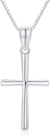 wholesale 14K White Gold Polished Cross Pendant Chain Necklace for Women Girls 20 + Extender-White Gold