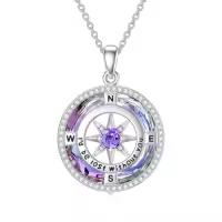 TOUPOP Sterling Silver Crystal Birthstone Compass I'd Be Lost Without You Pendant Necklace-color_name:B-Purple Circle Crystal-02-Feb-Amethyst