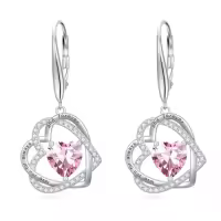 TOUPOP Sterling Silver Birthstone Double Heart Leverback Earrings-color_name:10-October-Pink Tourmaline