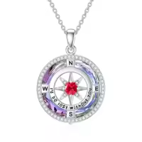 TOUPOP Sterling Silver Crystal Birthstone Compass I'd Be Lost Without You Pendant Necklace-color_name:B-Purple Circle Crystal-07-Jul-Ruby