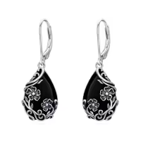 TOUPOP Sterling Silver Black Onyx Daisy Hibiscus Lotus Rose Peony Sunflower Dangle Earrings-style_name:Peony