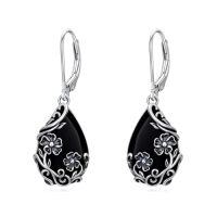 wholesale Daisy/hibiscus/lotus/rose/peony/sunflower Earrings 925 Sterling Silver Teardrop Black Onyx Dangle Earrings Vintage Flower Jewelry Gifts For Women -style_name:Peony