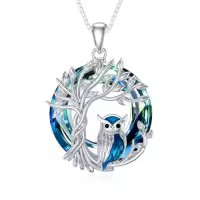 TOUPOP Sterling Silver Crystal Owl/Hummingbird Tree Of Life Pendant Necklace-color_name:01-Blue Owl