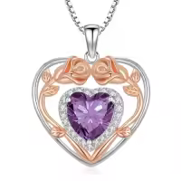 TOUPOP 925 Sterling Silver 12 Birthstone Heart Rose Pendant Necklace-color_name:2-Feb-Amethyst