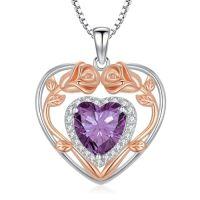 wholesale 925 Sterling Silver Heart Rose Pendant Necklace With 12 Birthstone Jewelry Birthday Anniversary Mothers Day Christmas Gifts For Her Wife Girlfriend Mom -color_name:2-Feb-Amethyst