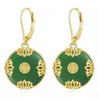 TOUPOP 14K Gold Plated Sterling Silver Round Natural Jade Earrings-style_name:A-Lotus-Jade Green