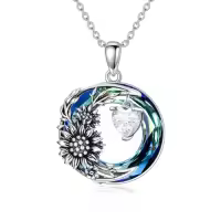 TOUPOP Sterling Silver Blue Crystal Sunflower Leaf Pendant Necklace-style_name:Sunflower