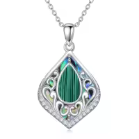 TOUPOP Sterling Silver Abalone Shell Teardrop Filigree Necklace Gift-color_name:Malachite