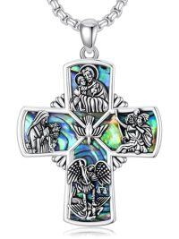 wholesale Patron Saint Necklace S925 Sterling Silver Four Way Cross Necklace St Michael/st Christopher/st Benedict/st Joseph/st Francis Pendant, Religious Protection Necklace For Men Women Birthday Father's Day Anniversary -style_name:1-Four Way Cross-Abalone