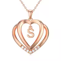 TOUPOP 925 Sterling Silver Moissanite Heart Letter Pendant Necklace-style_name:Rose Gold - S Initial
