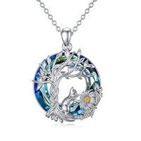 wholesale TOUPOP Cat Gifts For Cat Lovers Sterling Silver Cute Cats Tree Of Life Pendant Necklace With Blue Circle Crystal Birthday Christmas Jewelry Gifts For Women -color_name:1 Cat(Silver)-Blue Crystal-01-E