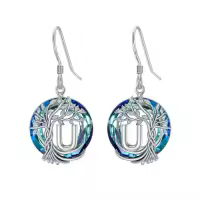TOUPOP Sterling Silver Blue Crystal Tree Of Life Letter Drop Dangle Earrings-style_name:U Initial