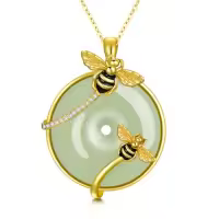 TOUPOP Sterling Silver Jade Cat Hummingbird Dragonfly Butterfly Bee Necklace-style_name:Bee-Gold