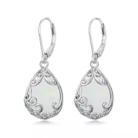 TOUPOP Sterling Silver Filigree Teardrop Leverback Birthstone Earrings-style_name:Opal