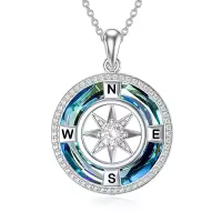 TOUPOP Sterling Silver Crystal Birthstone Compass I'd Be Lost Without You Pendant Necklace-color_name:D-Blue Circle Crystal-No engraving