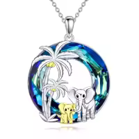 TOUPOP 925 Sterling Silver Crystal Elephant Family Pendant Necklace Gifts For Women-style_name:Two Elephants-Palm Trees