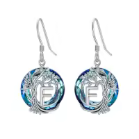 TOUPOP Sterling Silver Blue Crystal Tree Of Life Letter Drop Dangle Earrings-style_name:F Initial