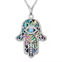 TOUPOP Sterling Silver Abalone Shell Evil Eye Star of David Cross Lotus Witch Knot Key Hamsa Hand Necklace-style_name:Evil Eye Hamsa Hand