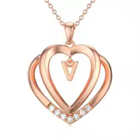 TOUPOP 925 Sterling Silver Moissanite Heart Letter Pendant Necklace-style_name:Rose Gold - V Initial