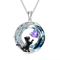 TOUPOP Sterling Silver & Birthstone Black Cat Celtic Moon Necklace-color_name:02-February-Amethyst