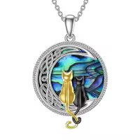 TOUPOP Sterling Silver Abalone Celtic Cat On Moon Necklace-color_name:2 Cats(Gold and Black )-Abalone Shell-02