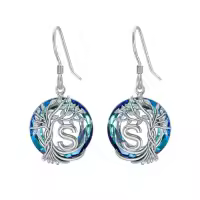TOUPOP Sterling Silver Blue Crystal Tree Of Life Letter Drop Dangle Earrings-style_name:S Initial