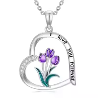 TOUPOP Sterling Silver Moonstone Purple Tulip Tree Of Life Pendant Necklace-style_name:01- Heart Tulip Necklace