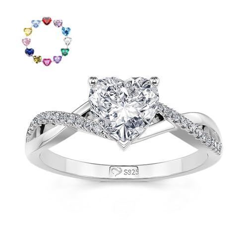 DIYARING Personalized Birthstone Rings For Women,sterling Silver Heart Cut Engagement Ring For Her Customized Twisted Moissanite Halo Wedding Ring Band With Jewelry Gift Box 