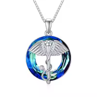 TOUPOP Sterling Silver Crystal Nurse Necklace Caduceus Pendant Jewelry-color_name:D-Stethoscope Necklace-Blue Circle Crystal